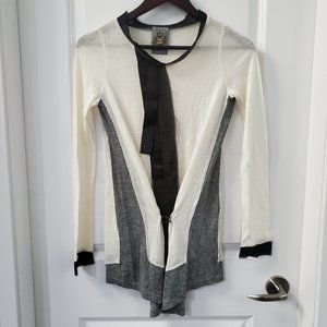 Unique Black white and Grey sheer top with clip front.